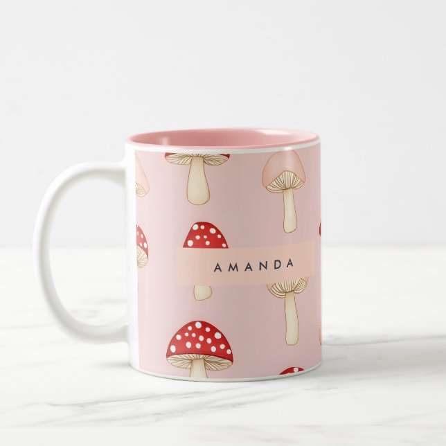 Personalised Whimsical Red Pink Mushroom Pattern Two-Tone Coffee Mug (Left)