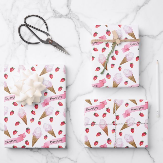 Personalised Whimsical Strawberry Ice Cream Cone Wrapping Paper Sheet (Front)