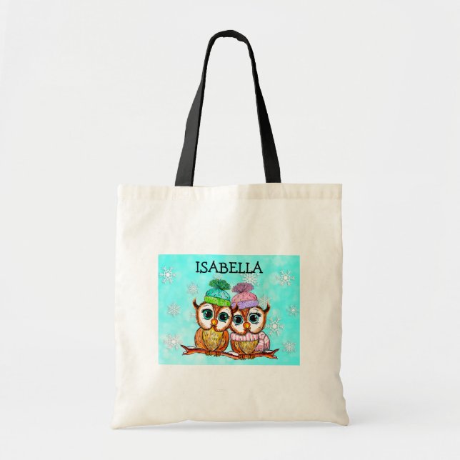 Personalised Whimsical Watercolor Owls Tote Bag (Front)