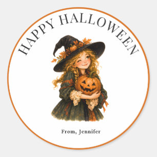 Personalised Whimsical Witch Pumpkin Halloween Classic Round Sticker