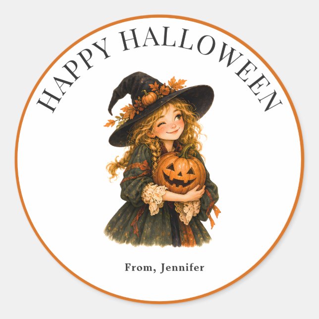 Personalised Whimsical Witch Pumpkin Halloween  Classic Round Sticker (Front)