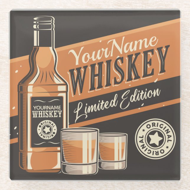 Personalised Whiskey Liquor Bottle Western Bar Glass Coaster (Front)