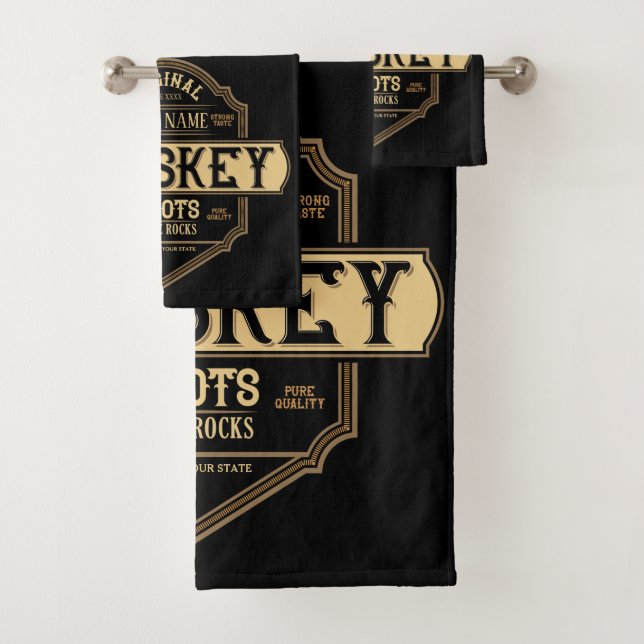 Personalised Whiskey on the Rocks Liquor Label Bar Bath Towel Set (Insitu)