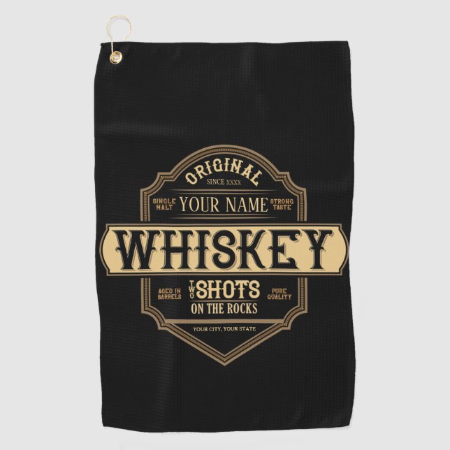 Personalised Whiskey on the Rocks Liquor Label Bar Golf Towel (Front)