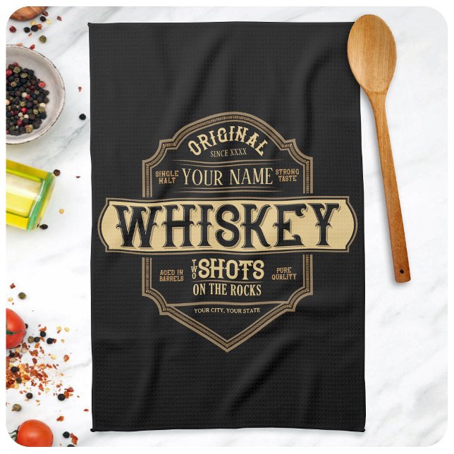 Personalised Whiskey on the Rocks Liquor Label Bar Tea Towel (Creator Uploaded)