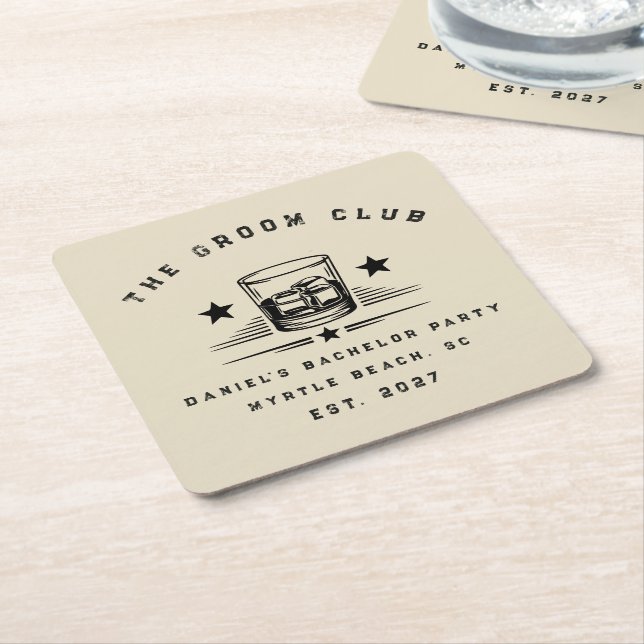 Personalised Whiskey Themed Weekend Bachelor Party Square Paper Coaster (Angled)