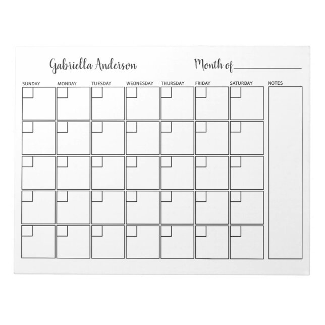 Personalised White and Black Monthly Planner Notepad (Front)
