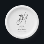 Personalised White and Black Wedding Paper Plate<br><div class="desc">Add a touch of elegance to your wedding reception with these personalised paper plates. Featuring a large brushed script two initial monogram with the couple's name and wedding date below in modern sans serif font, this design is perfect for a sophisticated and stylish celebration. The white text on a black...</div>