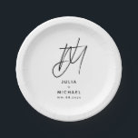 Personalised White and Black Wedding Paper Plate<br><div class="desc">Add a touch of elegance to your wedding reception with these personalised paper plates. Featuring a large brushed script two initial monogram with the couple's name and wedding date below in modern sans serif font, this design is perfect for a sophisticated and stylish celebration. The white text on a black...</div>