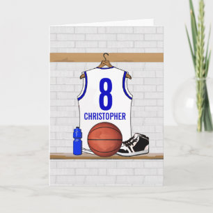 Personalised White and Blue Basketball Jersey Card