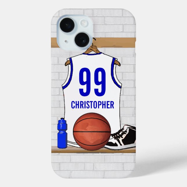 Personalised White and Blue Basketball Jersey Case-Mate iPhone Case (Back)