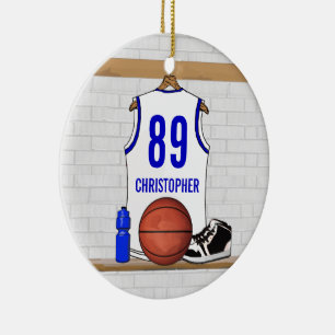 Personalised White and Blue Basketball Jersey Ceramic Tree Decoration