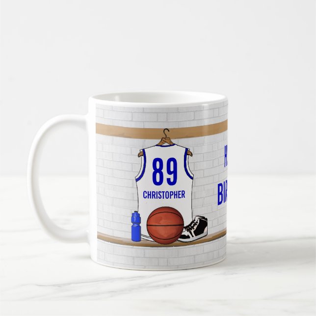 Personalised White and Blue Basketball Jersey Coffee Mug (Left)
