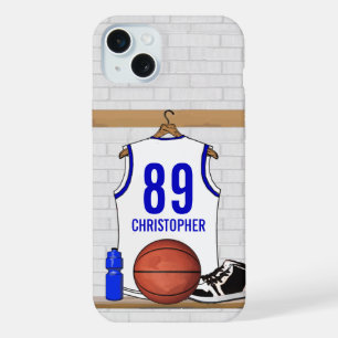 Personalised White and Blue Basketball Jersey iPhone 15 Plus Case