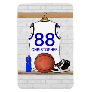 Personalised White and Blue Basketball Jersey Magnet