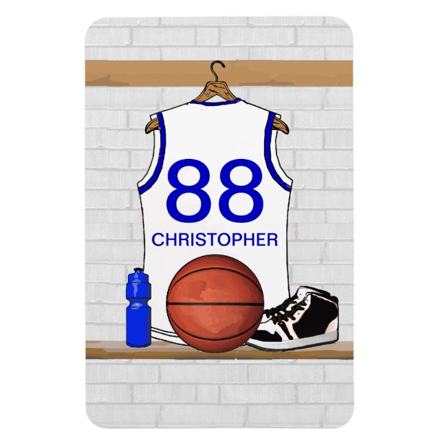 Personalised White and Blue Basketball Jersey Magnet (Vertical)
