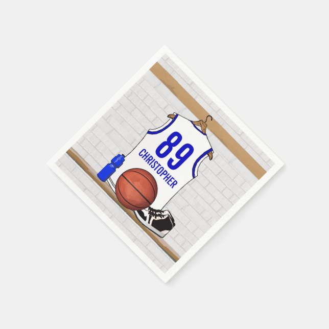 Personalised White and Blue Basketball Jersey Napkin (Corner)