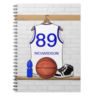 Personalised White and Blue Basketball Jersey Notebook
