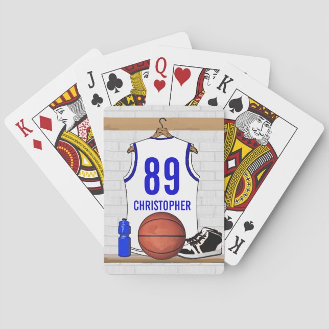 Personalised White and Blue Basketball Jersey Playing Cards (Back)