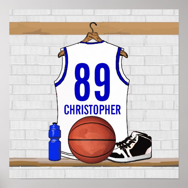 Personalised White and Blue Basketball Jersey Poster (Front)