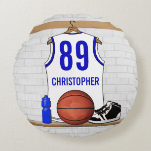 Personalised White and Blue Basketball Jersey Round Cushion