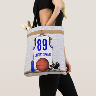 Personalised White and Blue Basketball Jersey Tote Bag