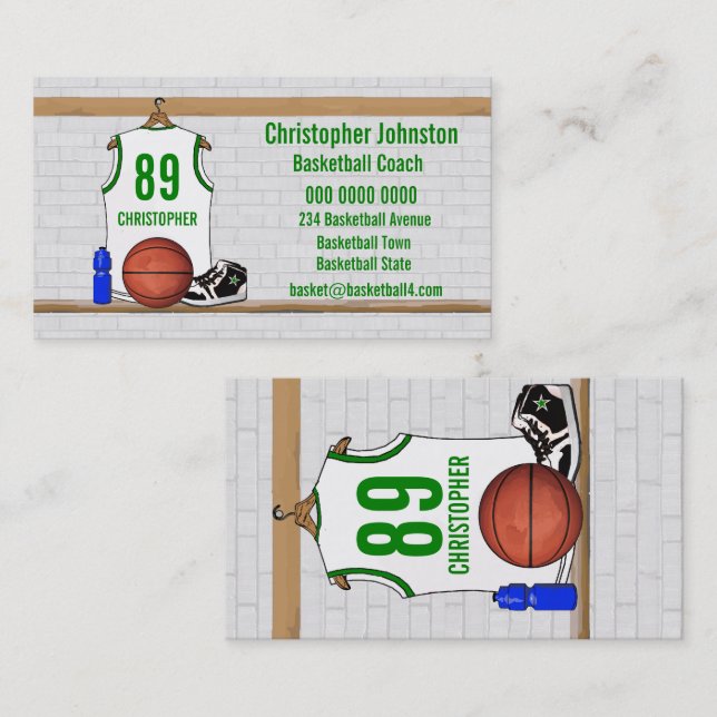 Personalised White and Green Basketball Jersey Business Card (Front/Back)
