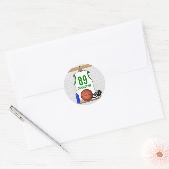 Personalised White and Green Basketball Jersey Classic Round Sticker (Envelope)