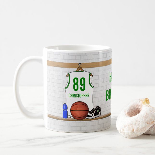 Personalised White and Green Basketball Jersey Coffee Mug (With Donut)