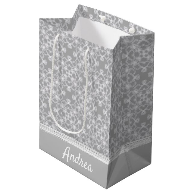 Personalised white and grey pattern medium gift bag (Front Angled)