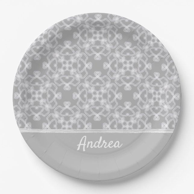 Personalised white and grey pattern paper plate (Front)