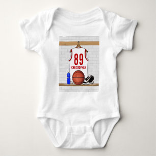 Personalised White and Red Basketball Jersey Baby Bodysuit