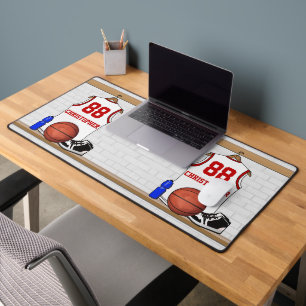 Personalised White and Red Basketball Jersey Desk Mat