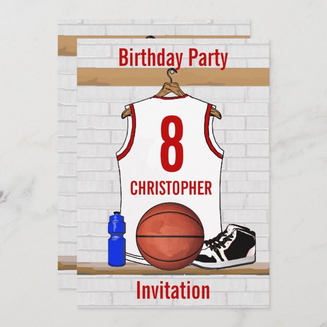 Personalised White and Red Basketball Jersey Invitation (Front/Back)