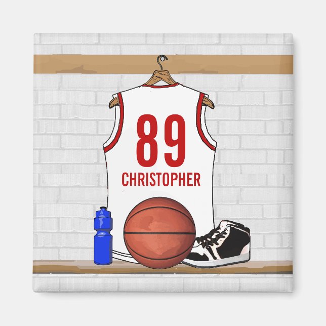 Personalised White and Red Basketball Jersey Magnet (Front)