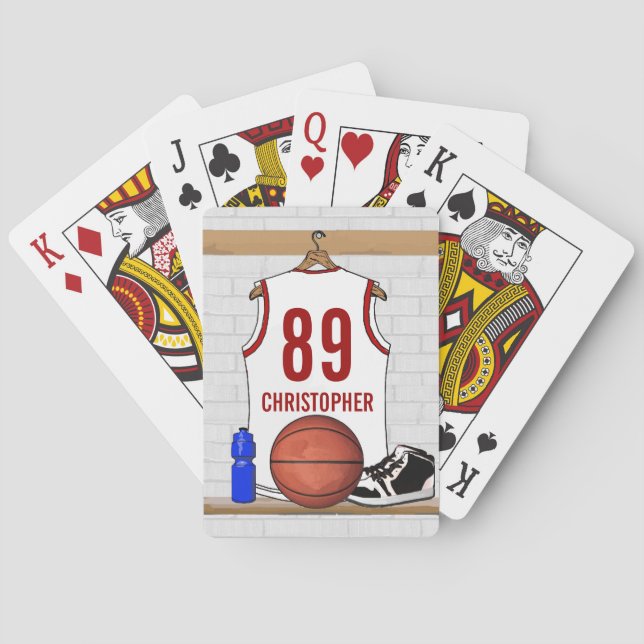 Personalised White and Red Basketball Jersey Playing Cards (Back)
