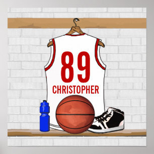 Personalised White and Red Basketball Jersey Poster