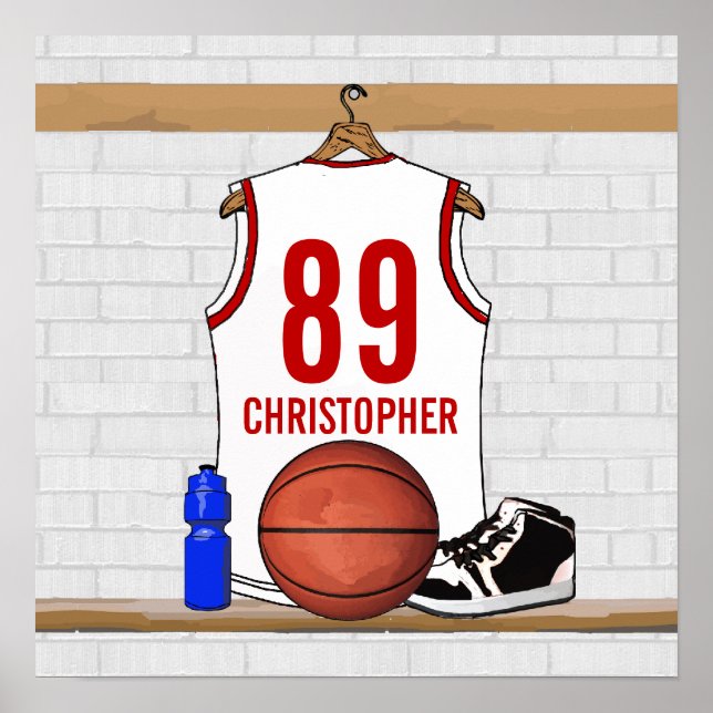 Personalised White and Red Basketball Jersey Poster (Front)