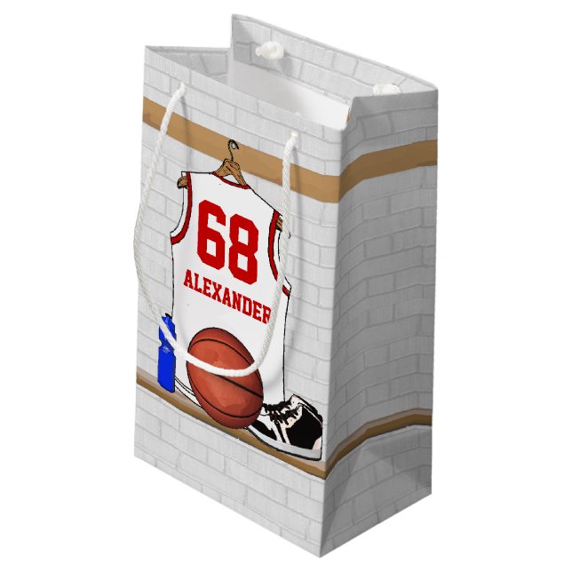 Personalised White and Red Basketball Jersey Small Gift Bag (Back Angled)