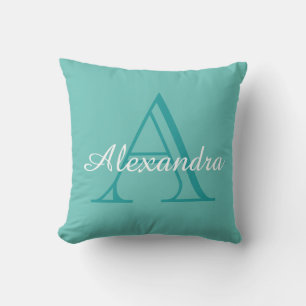 Personalised  White Aqua Teal blue monogrammed  Cushion