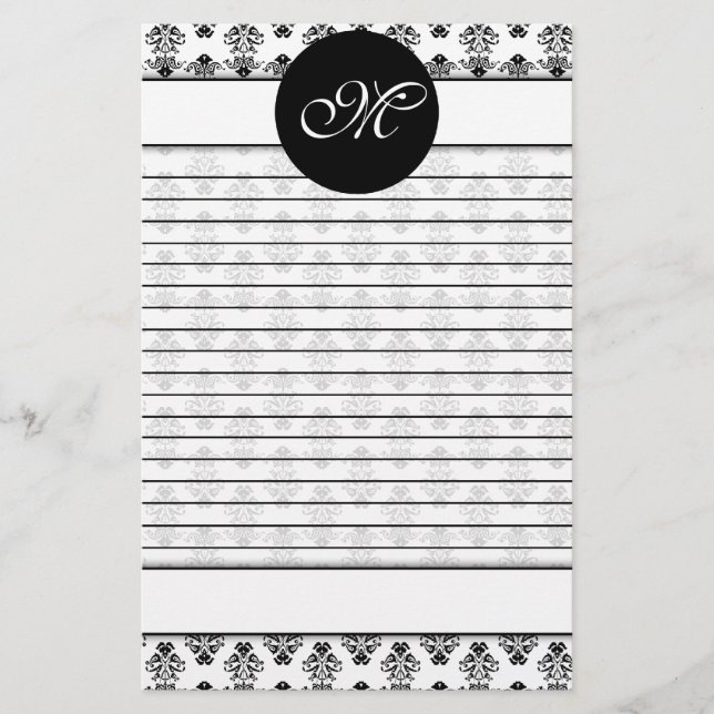 Personalised White & Black Damask Lined Monogram Stationery (Front)