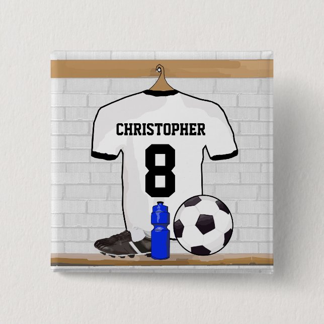 Personalised White Black Football Soccer Jersey 15 Cm Square Badge (Front)