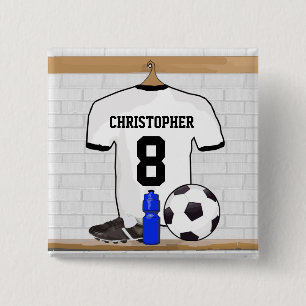 Personalised White Black Football Soccer Jersey 15 Cm Square Badge