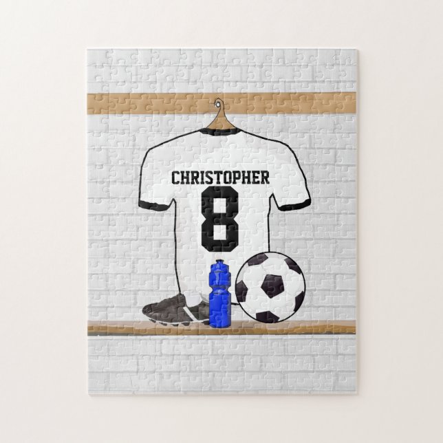Personalised White Black Football Soccer Jersey Jigsaw Puzzle (Vertical)