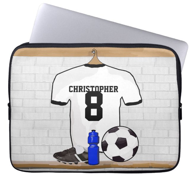 Personalised White Black Football Soccer Jersey Laptop Sleeve (Front)