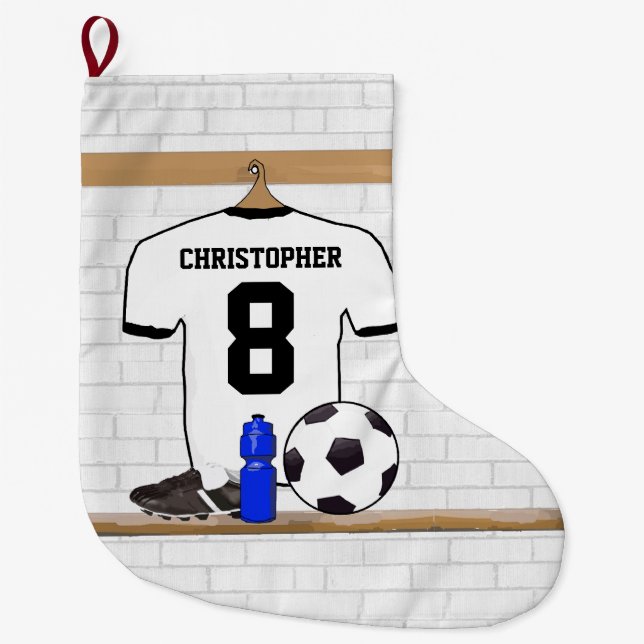 Personalised White Black Football Soccer Jersey Large Christmas Stocking (Front)