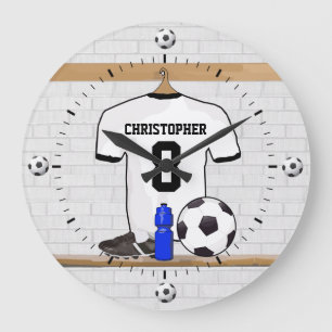 Personalised White Black Football Soccer Jersey Large Clock