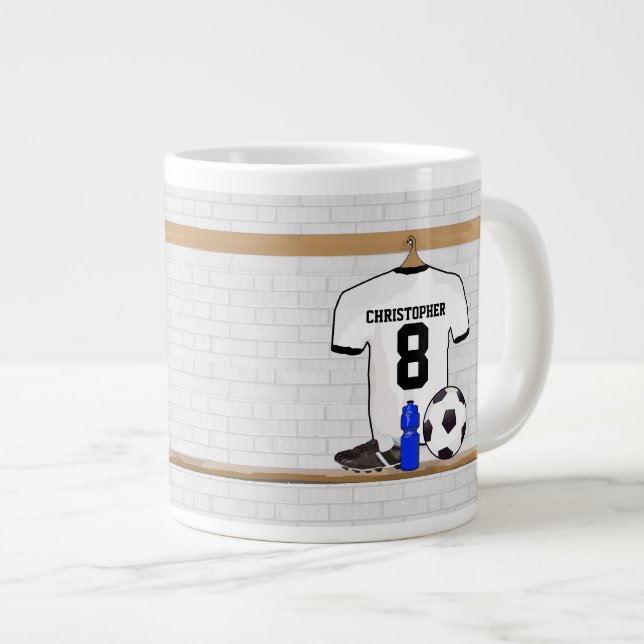 Personalised White Black Football Soccer Jersey Large Coffee Mug (Front Right)