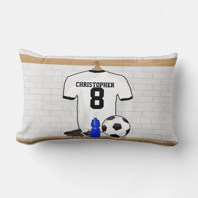 Personalised White Black Football Soccer Jersey Lumbar Cushion (Front)