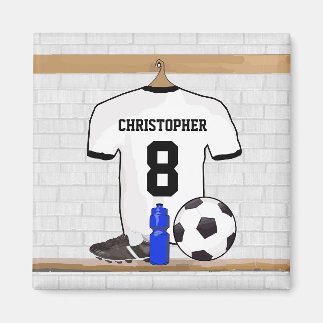 Personalised White Black Football Soccer Jersey Magnet (Front)